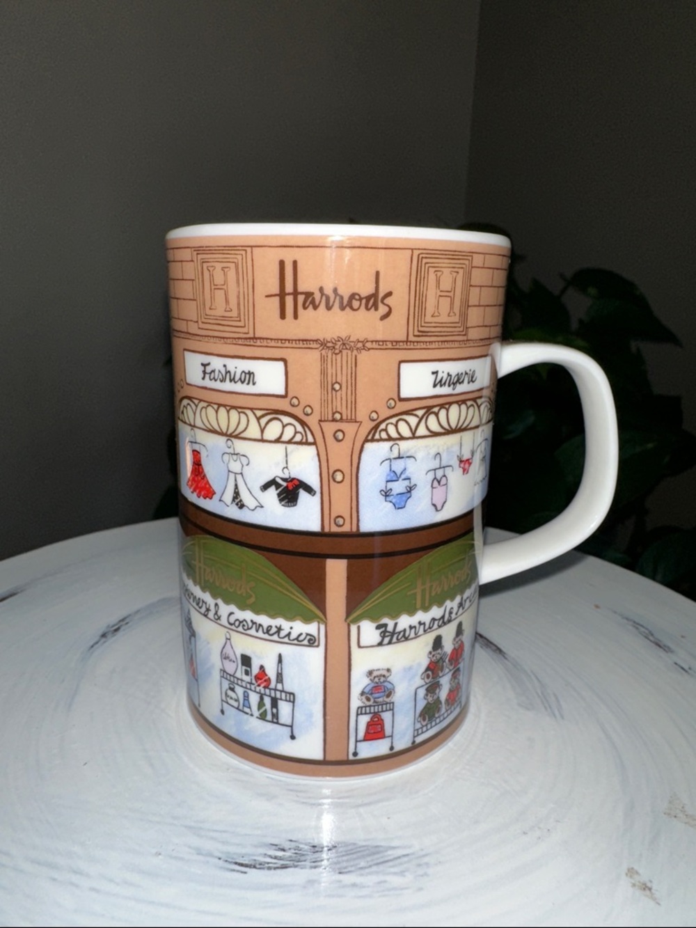 Harrods Brown, White & Blue Storefront Illustration Mug NWOT